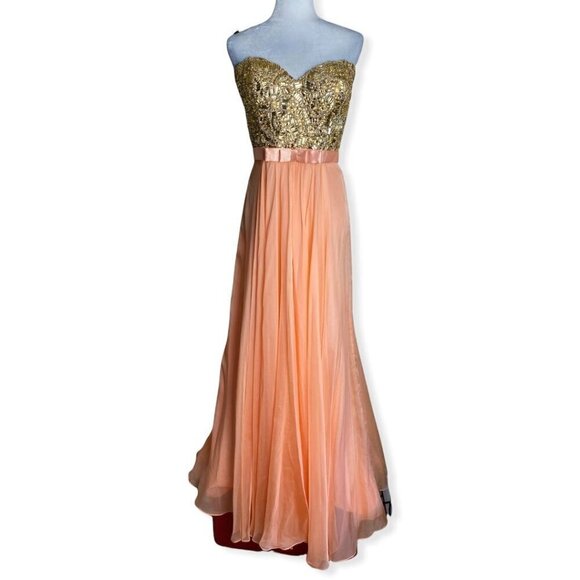 La Femme $480 NWT 19282 Apricot Beaded Chiffon Strapless Formal Gown Sz 14 - Picture 15 of 16